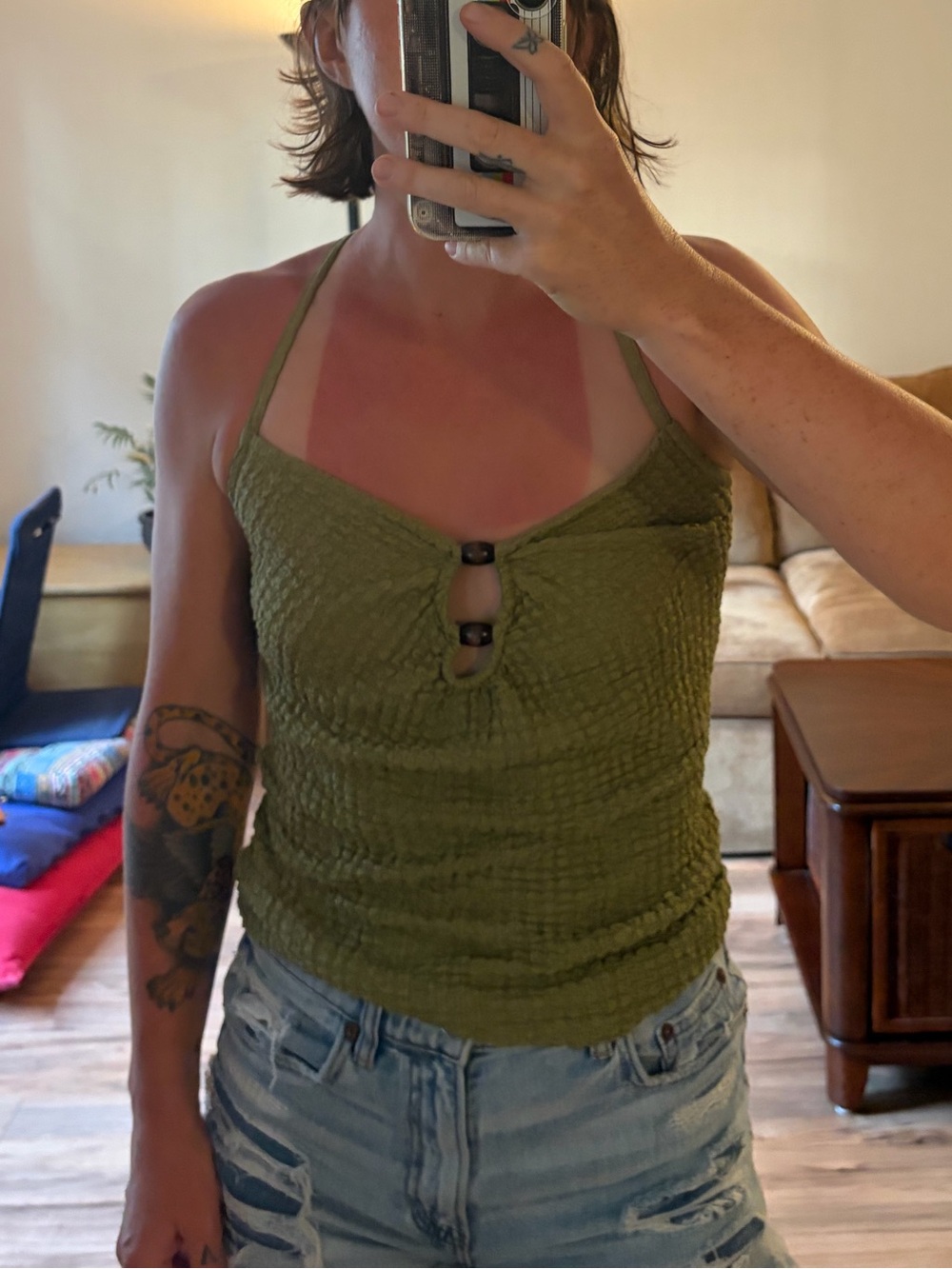 River Island Olive Green Smocked Bead Tank Top